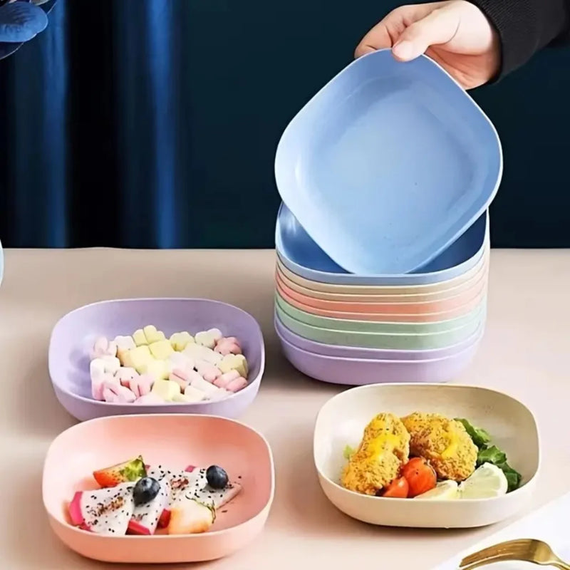 Kit 10 Pratos Reutilizáveis de Plástico com Suporte Colorido – Praticidade e Organização para Suas Refeições