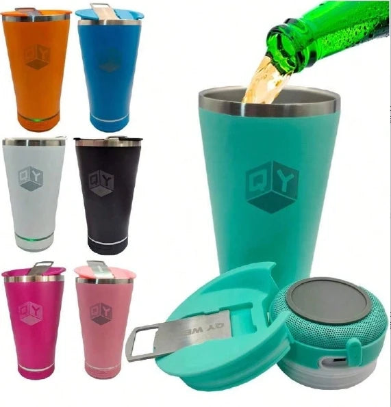 Copo Térmico com Caixa de Som Bluetooth 420ml – Mantém Bebida Gelada e Toca Música, Portátil e Recarregável