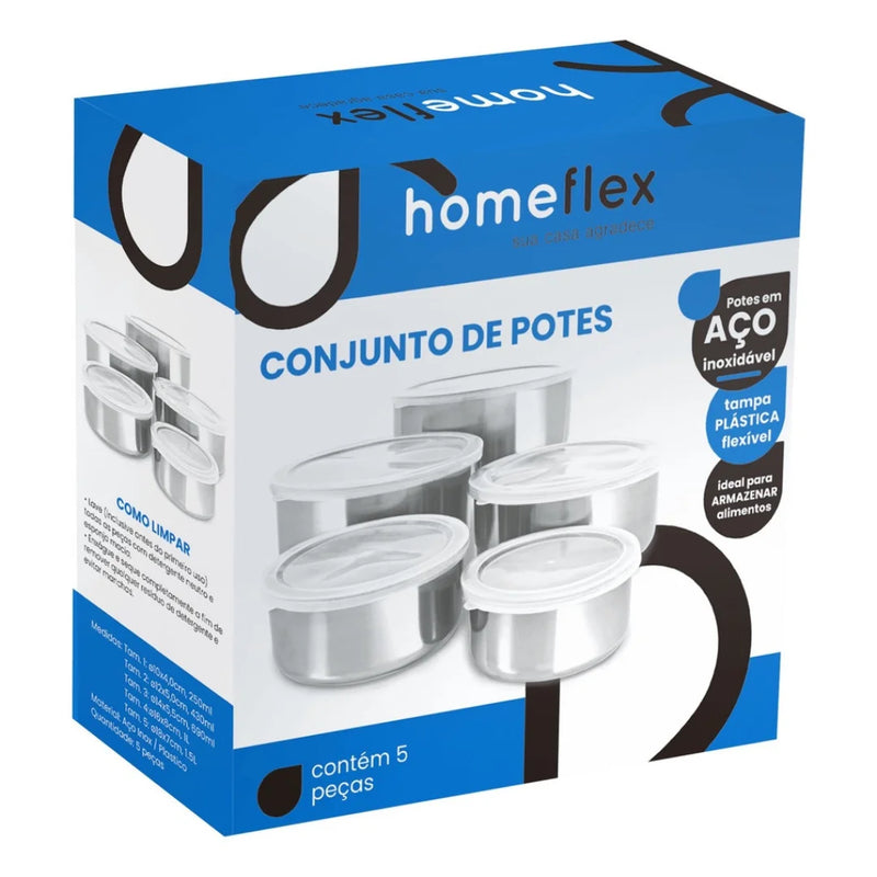 Conjunto 5 Tigelas/Potes em Aço Inox com Tampa Plástica – Armazenamento Prático e Elegante
