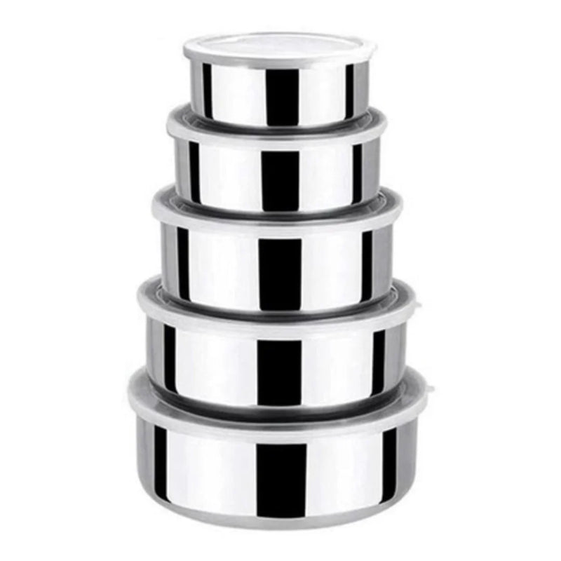Conjunto 5 Tigelas/Potes em Aço Inox com Tampa Plástica – Armazenamento Prático e Elegante