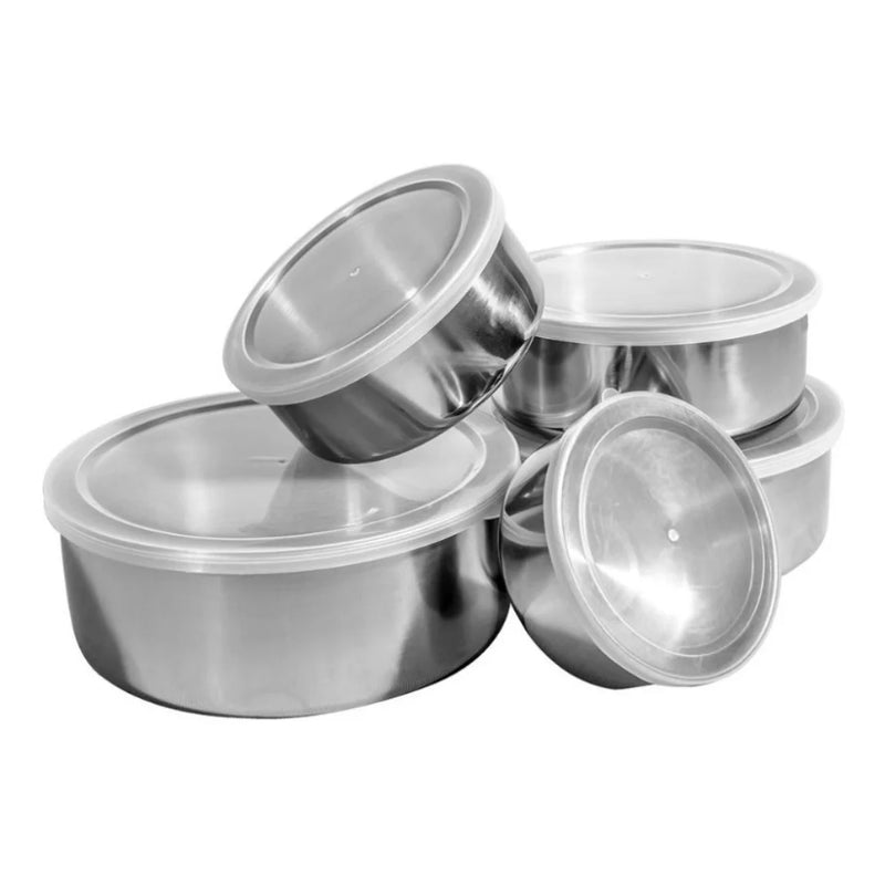 Conjunto 5 Tigelas/Potes em Aço Inox com Tampa Plástica – Armazenamento Prático e Elegante