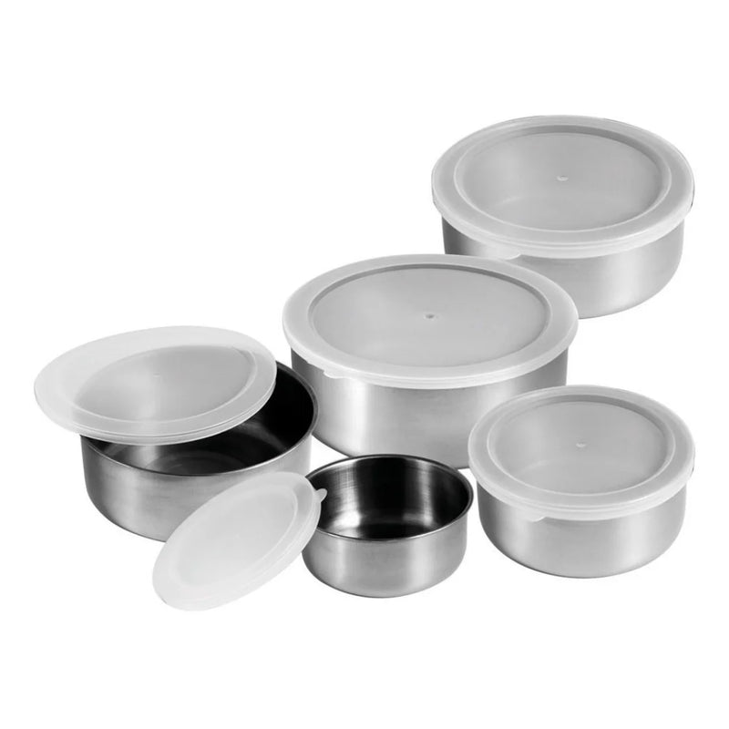 Conjunto 5 Tigelas/Potes em Aço Inox com Tampa Plástica – Armazenamento Prático e Elegante