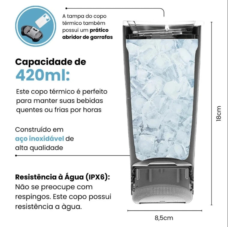 Copo Térmico com Caixa de Som Bluetooth 420ml – Mantém Bebida Gelada e Toca Música, Portátil e Recarregável